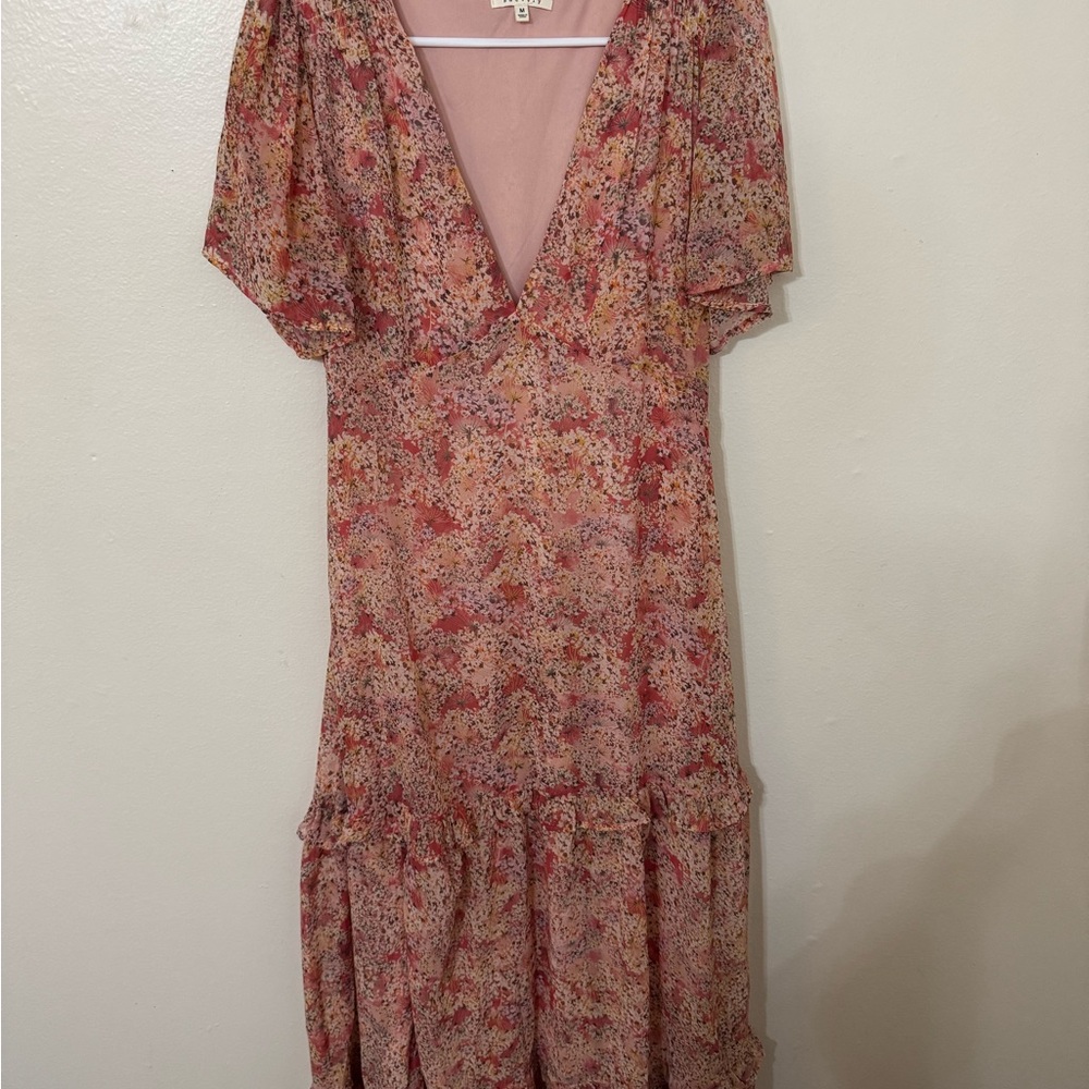 Bohme Pink Ruffled Tiered Midi Dress for Wedding Guest